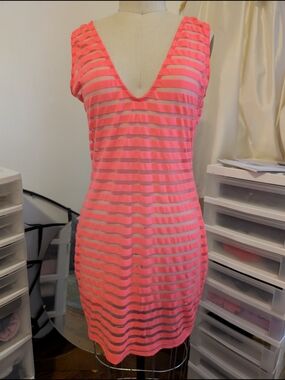 Neon Coral Stripe Sheer Swim Cover-Up Dress
